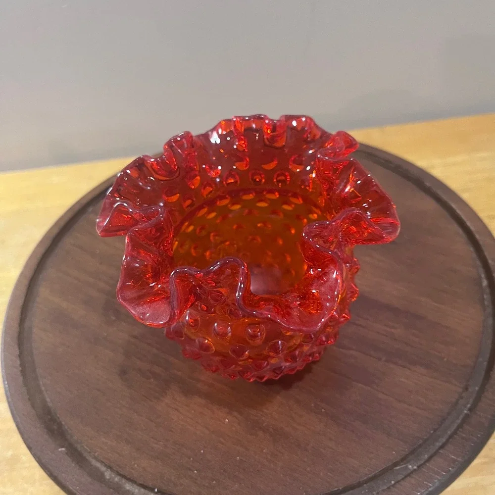 Vtg Fenton Red Orange Hobnail Glass Ruffled‎ Rose Bowl Vase Mid Century Modern